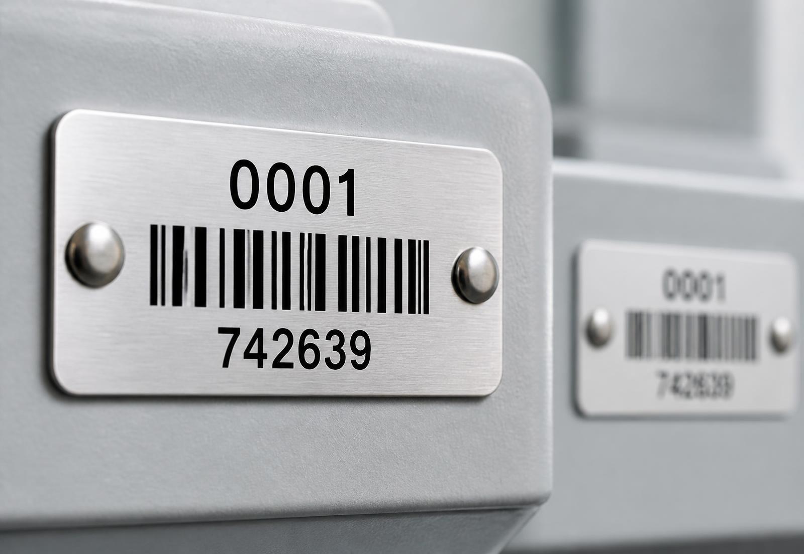 Brushed aluminium asset tag engraved with a serial number and barcode riveted to grey equipment
