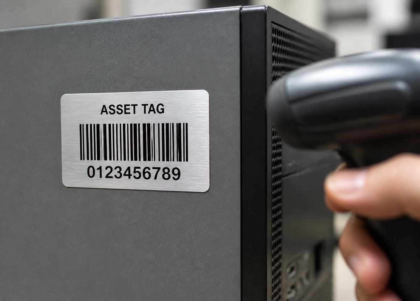 Barcode asset tag on a desktop computer being read with a handheld scanner
